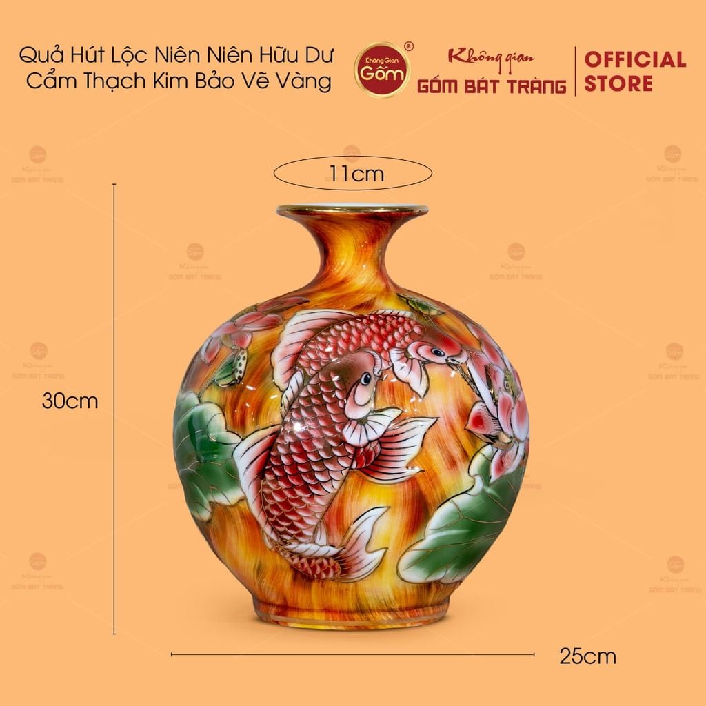 Quả Hút Lộc Niên Niên Hữu Dư Cẩm Thạch Kim Bảo Vẽ Vàng