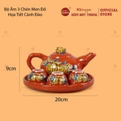 Bộ Ấm 3 Chén Thờ Men Đỏ Họa Tiết Cành Đào