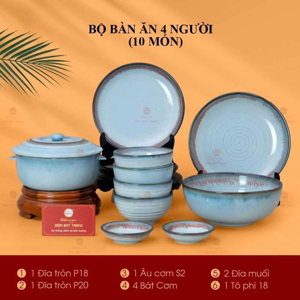 Bộ Bàn Ăn 4 Người (10 món) Men Biển Xanh Kim Sa