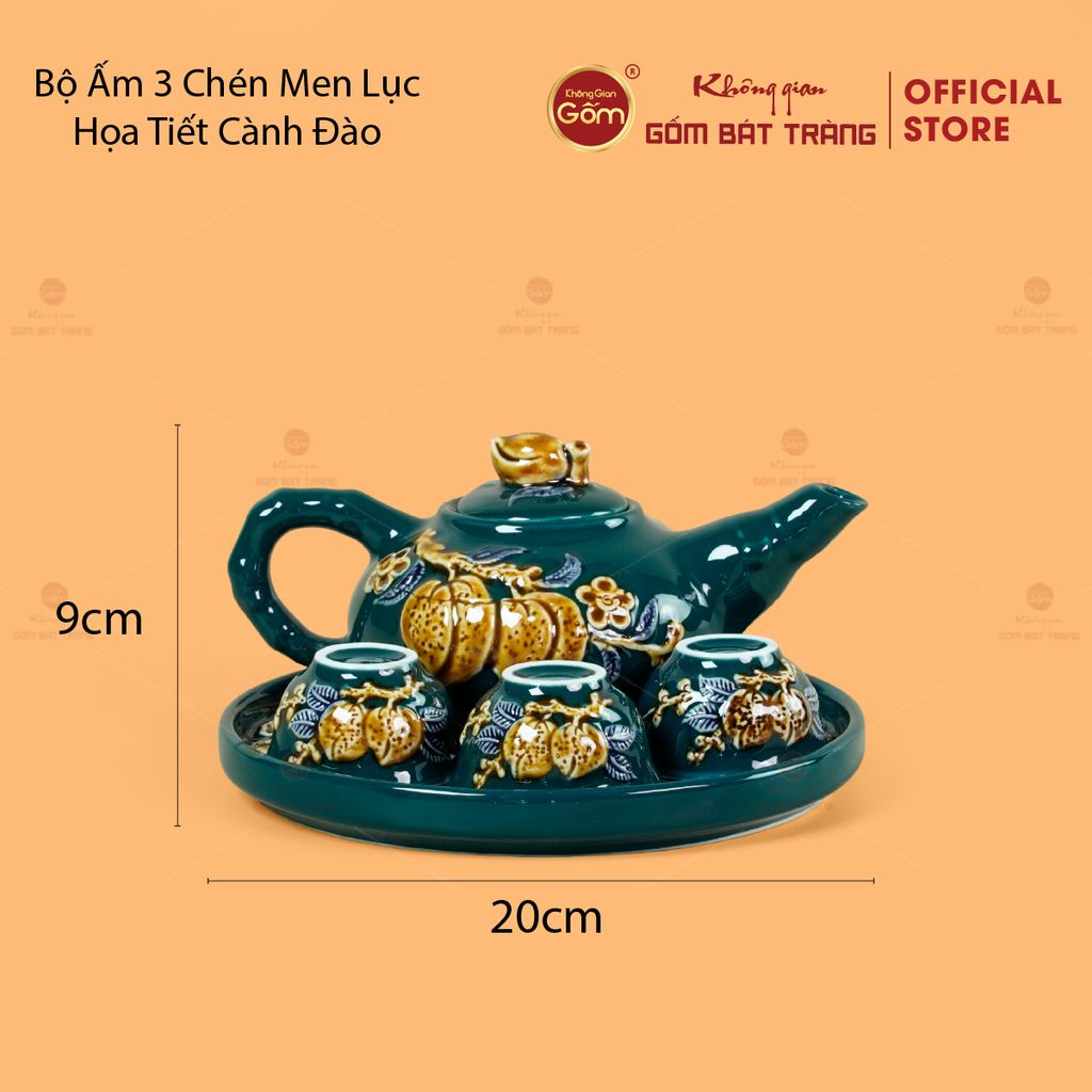 Bộ Ấm 3 Chén Thờ Men Lục Họa Tiết Cành Đào