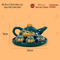 Bộ Ấm 3 Chén Thờ Men Lục Họa Tiết Cành Đào