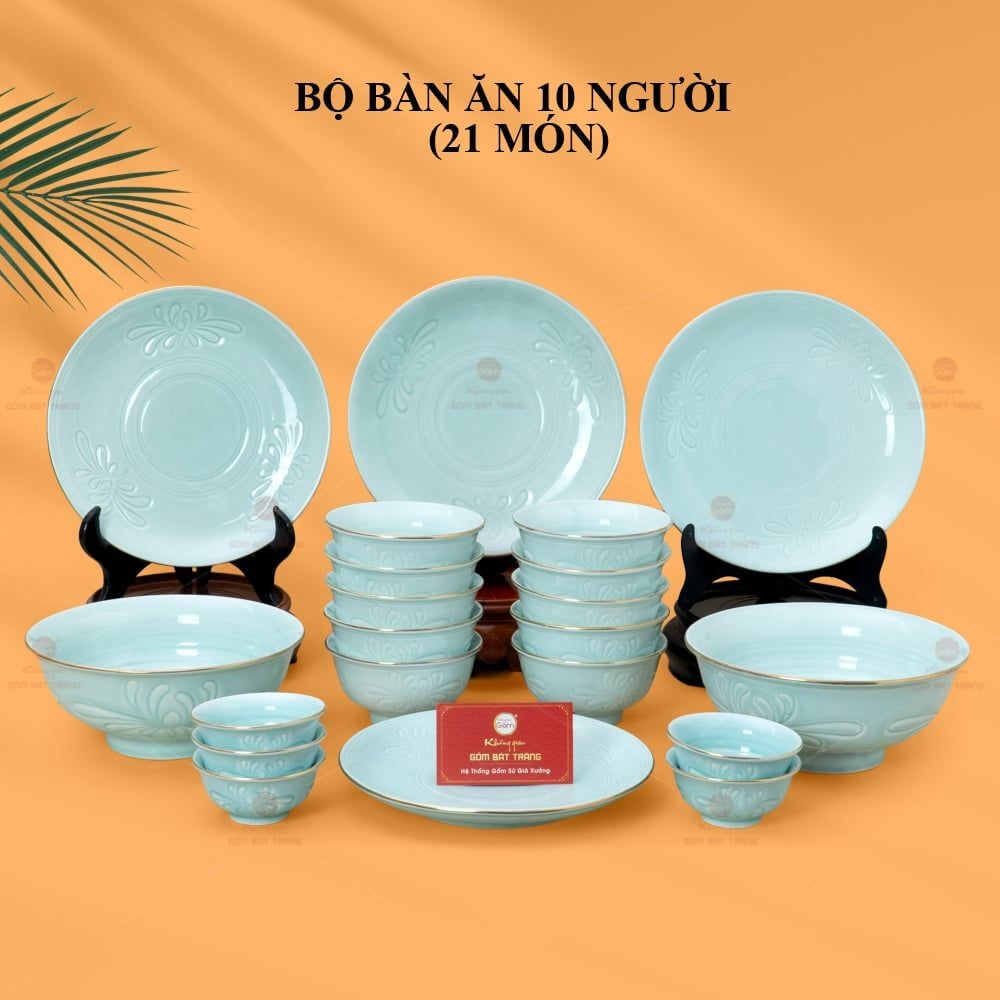 Bộ Bát Đĩa Men Xanh Ngọc Hoa Cúc Kẻ Vàng