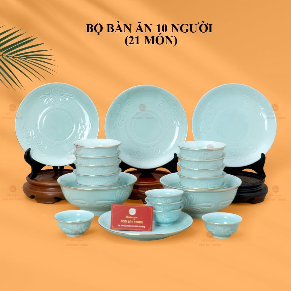 Bộ Bàn Ăn 10 Người (21 Món) Men Ngọc Vân Hoa Cúc Kẻ Vàng