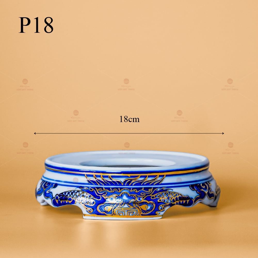 Bát Hương Song Long Chầu Nguyệt Men Lam Nổi Vẽ Vàng Kim