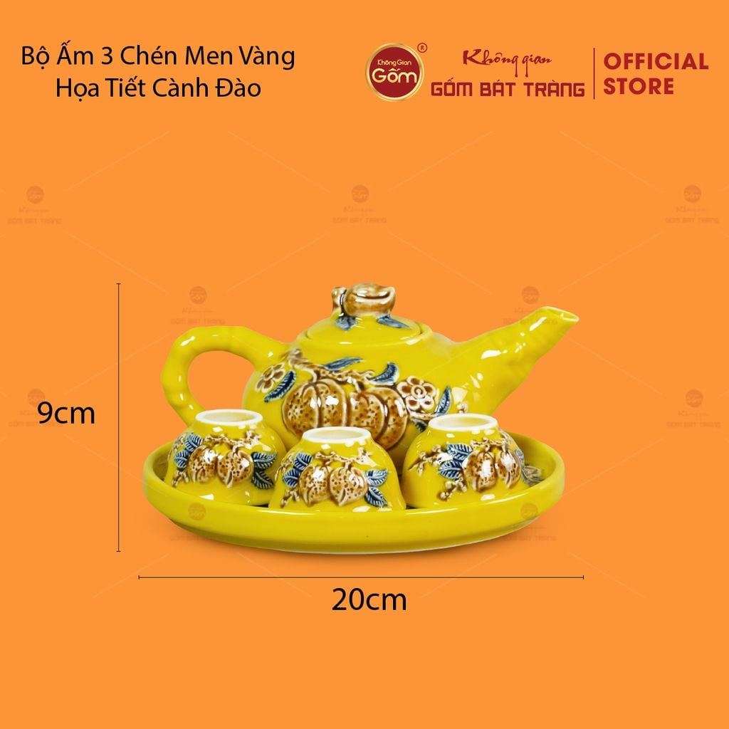 Bộ Ấm 3 Chén Thờ Men Vàng Họa Tiết Cành Đào