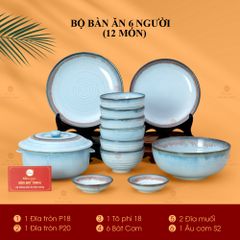 Bộ Bát Đĩa Bát Tràng Men Biển Xanh Kim Sa