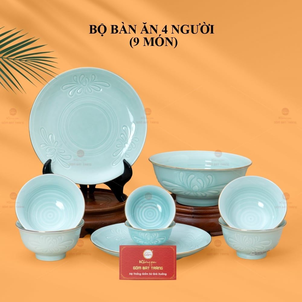 Bộ Bàn Ăn 4 Người (9 Món) Men Ngọc Vân Hoa Cúc Kẻ Vàng