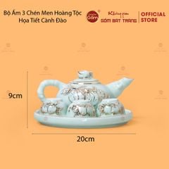 Bộ Ấm 3 Chén Thờ Men Ngọc Hoàng Tộc Vẽ Vàng Cành Đào