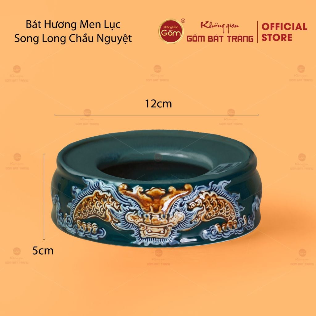 Đế Bát Hương Men Lục Họa Tiết Song Long Chầu Nguyệt