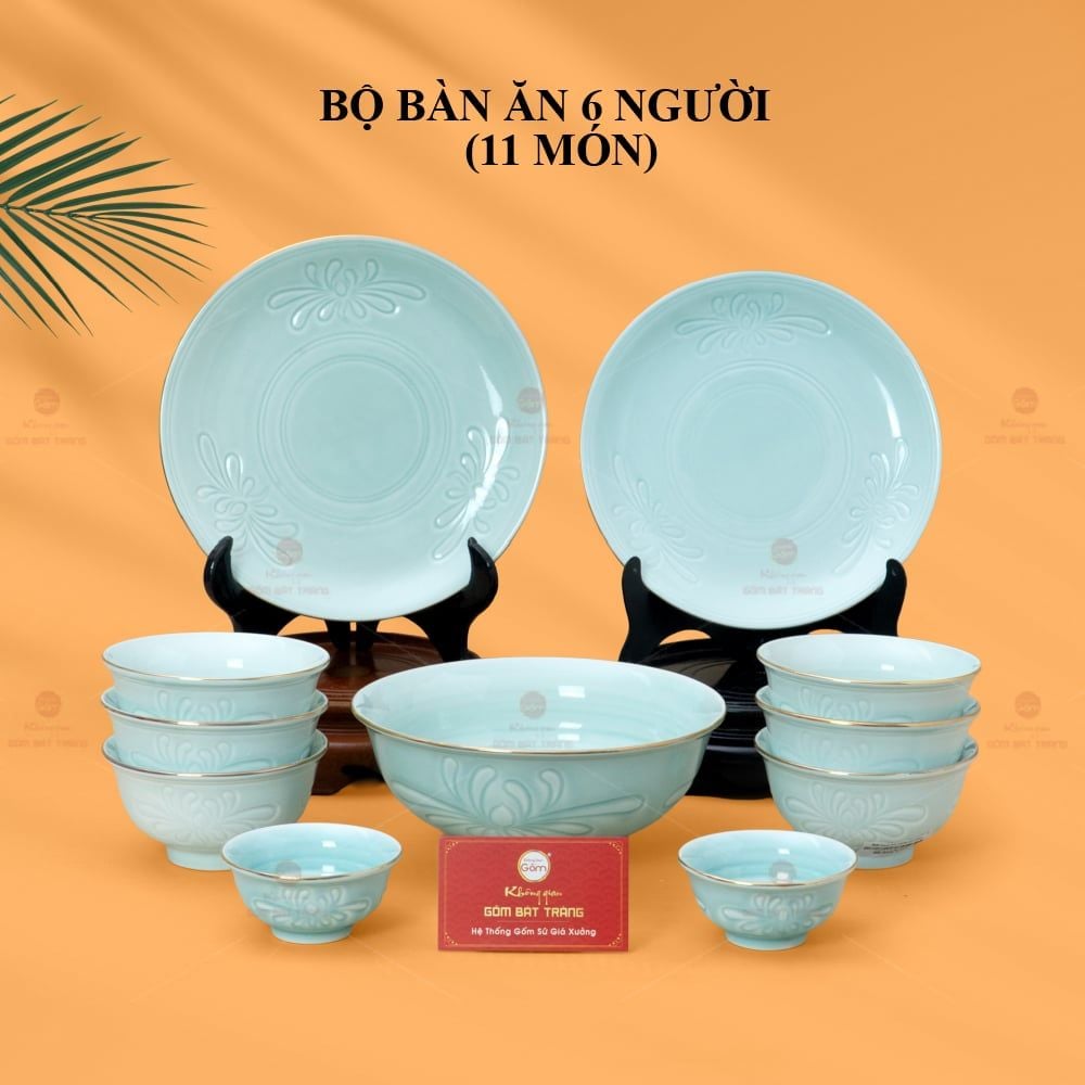 Bộ Bàn Ăn 6 Người (11 Món) Men Ngọc Vân Hoa Cúc Kẻ Vàng