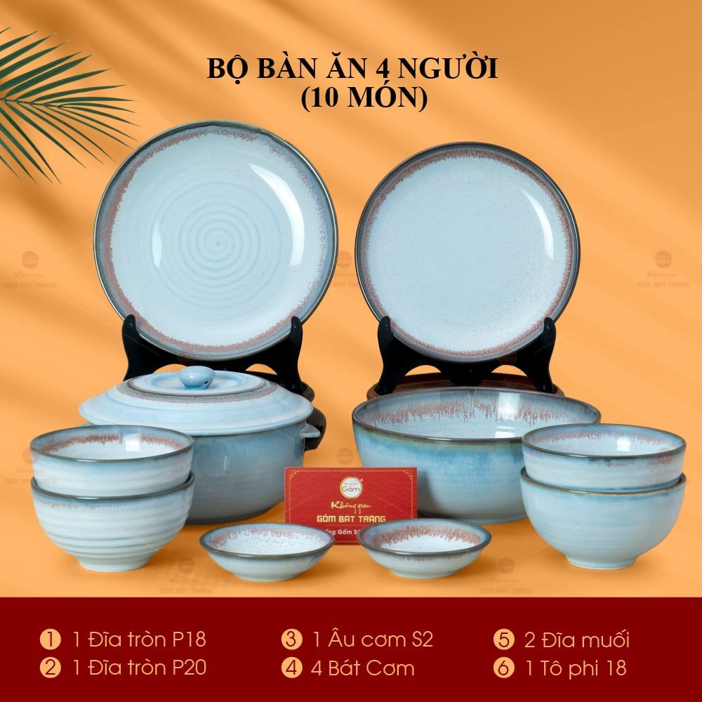 Bộ Bàn Ăn 4 Người (10 món) Men Biển Xanh Kim Sa