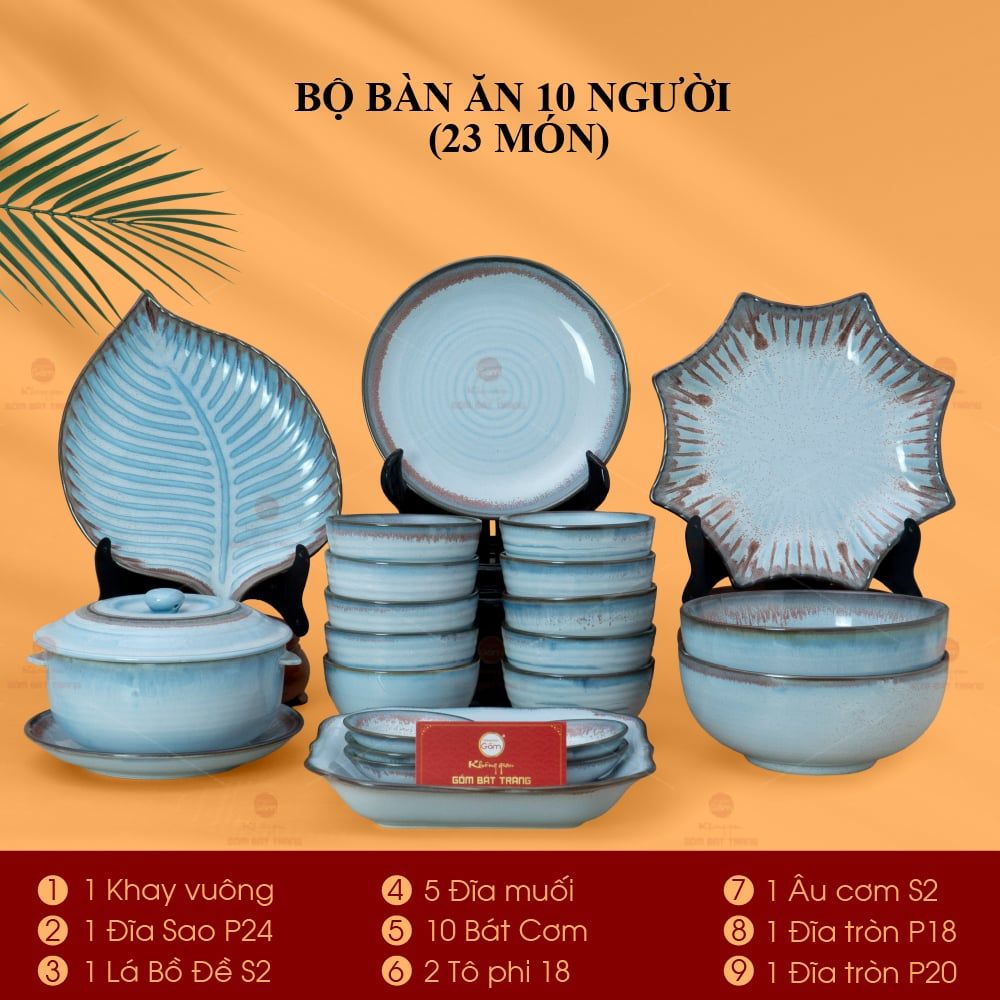 Bộ Bàn Ăn 10 Người (23 món) Men Biển Xanh Kim Sa