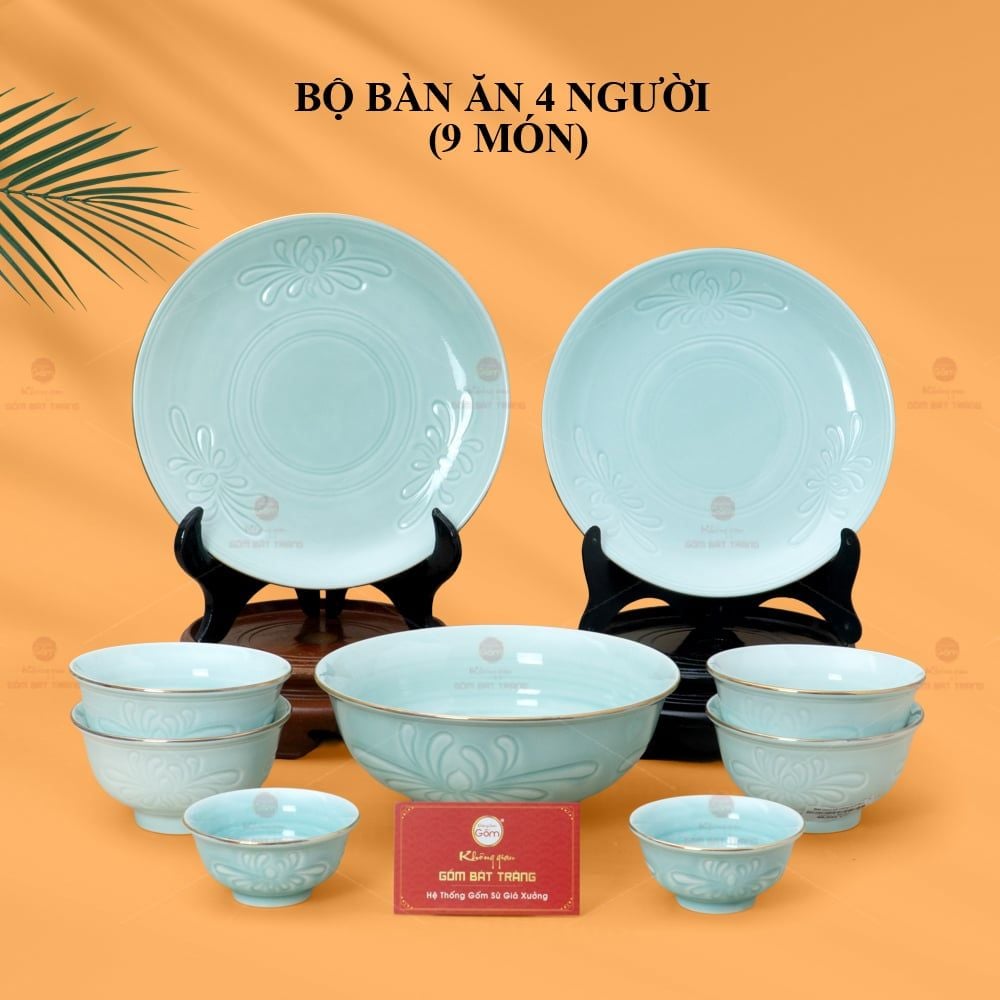 Bộ Bát Đĩa Men Xanh Ngọc Hoa Cúc Kẻ Vàng