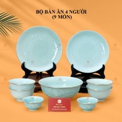Bộ Bát Đĩa Men Xanh Ngọc Hoa Cúc Kẻ Vàng