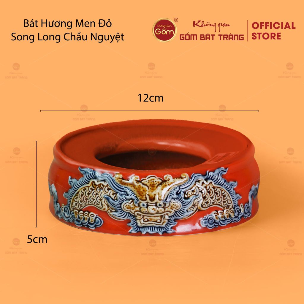 Đế Bát Hương Men Đỏ Họa Tiết Song Long Chầu Nguyệt