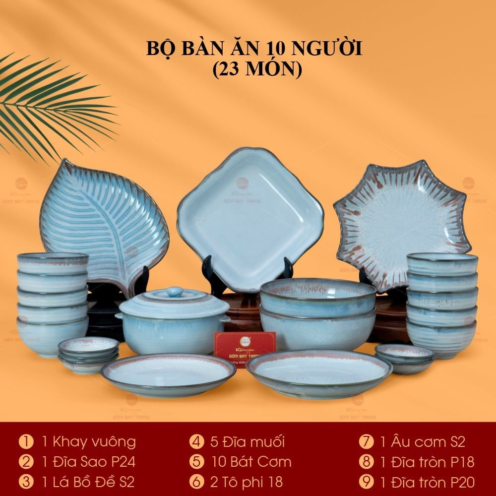 Bộ Bàn Ăn 10 Người (23 món) Men Biển Xanh Kim Sa