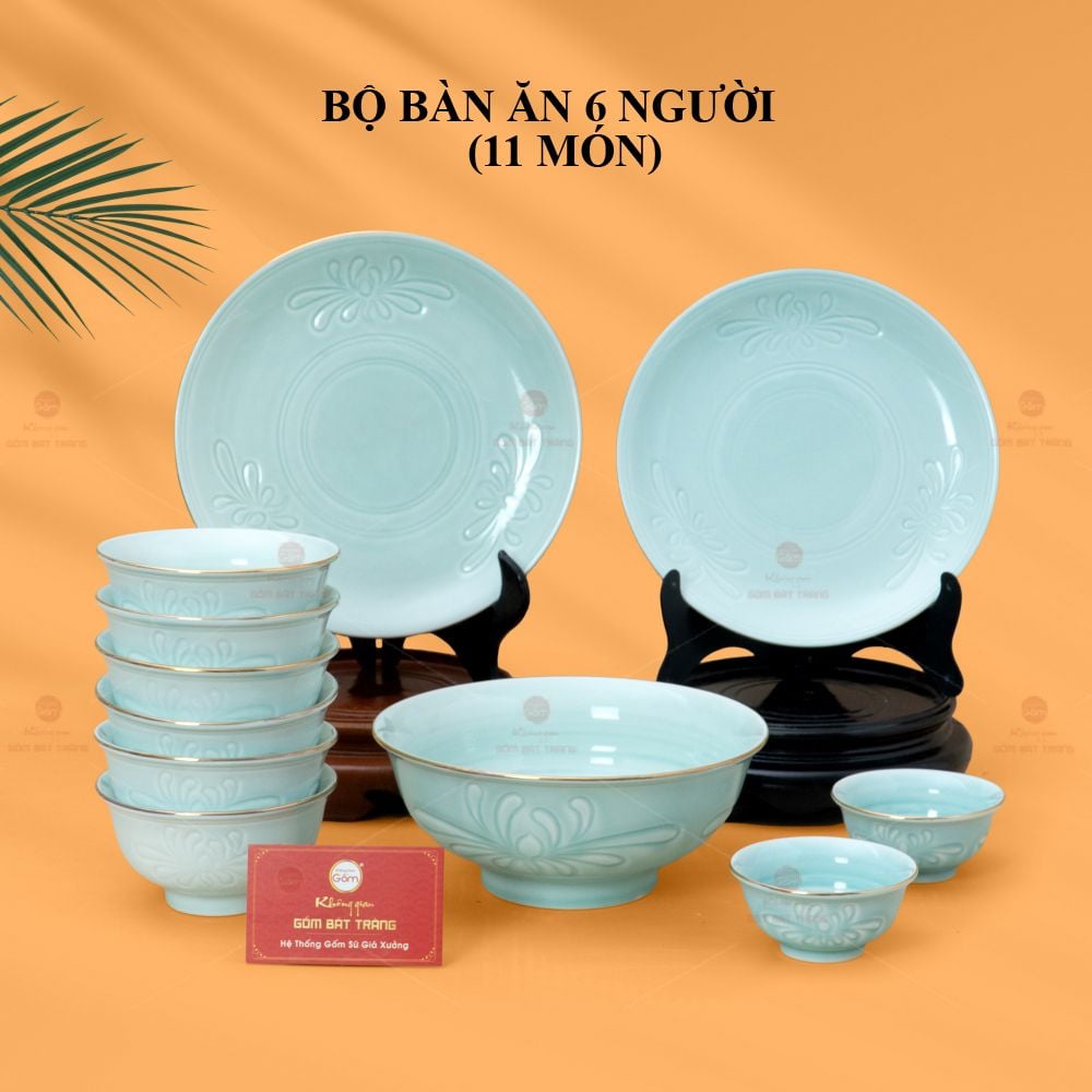 Bộ Bát Đĩa Men Xanh Ngọc Hoa Cúc Kẻ Vàng
