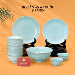 Bộ Bát Đĩa Men Xanh Ngọc Hoa Cúc Kẻ Vàng