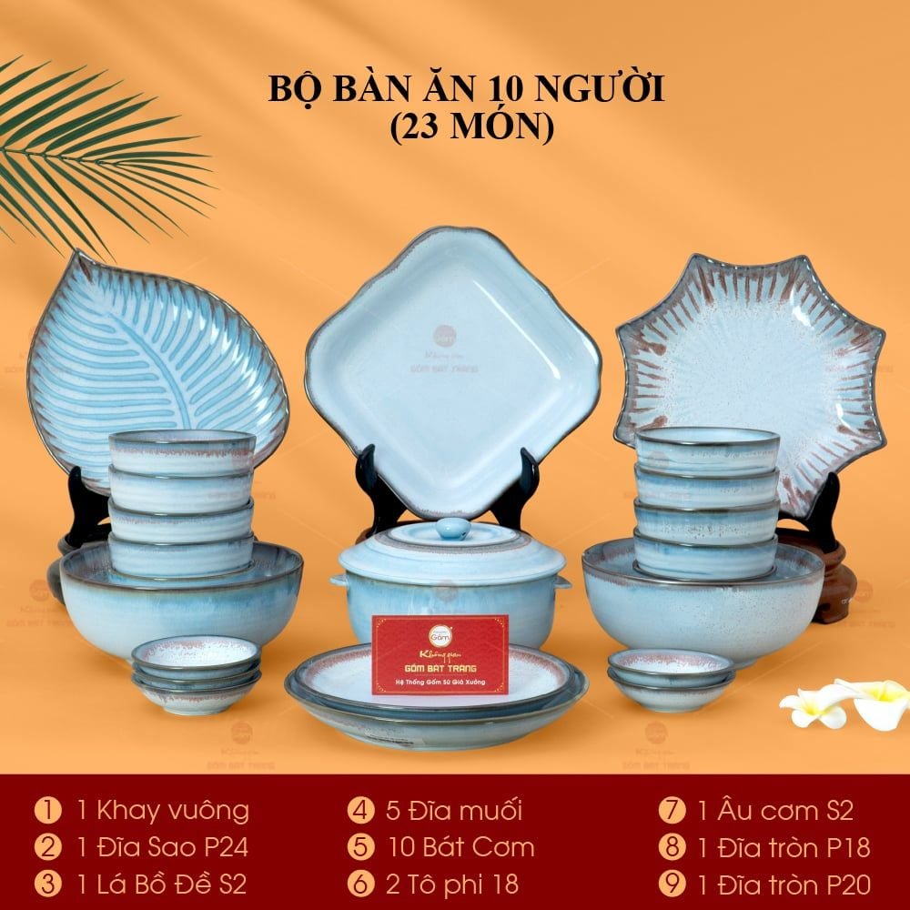 Bộ Bàn Ăn 10 Người (23 món) Men Biển Xanh Kim Sa
