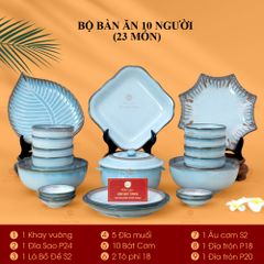 Bộ Bát Đĩa Bát Tràng Men Biển Xanh Kim Sa