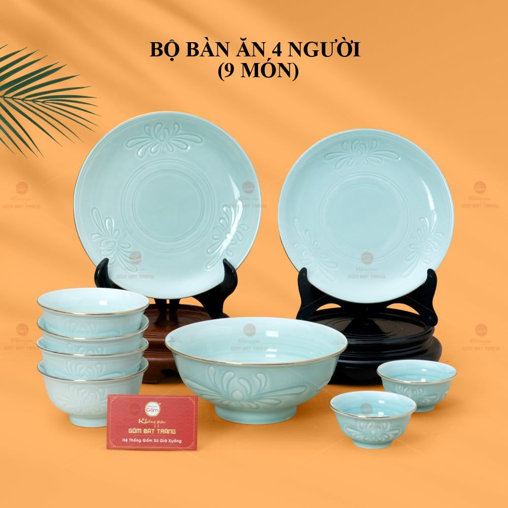 Bộ Bàn Ăn 4 Người (9 Món) Men Ngọc Vân Hoa Cúc Kẻ Vàng