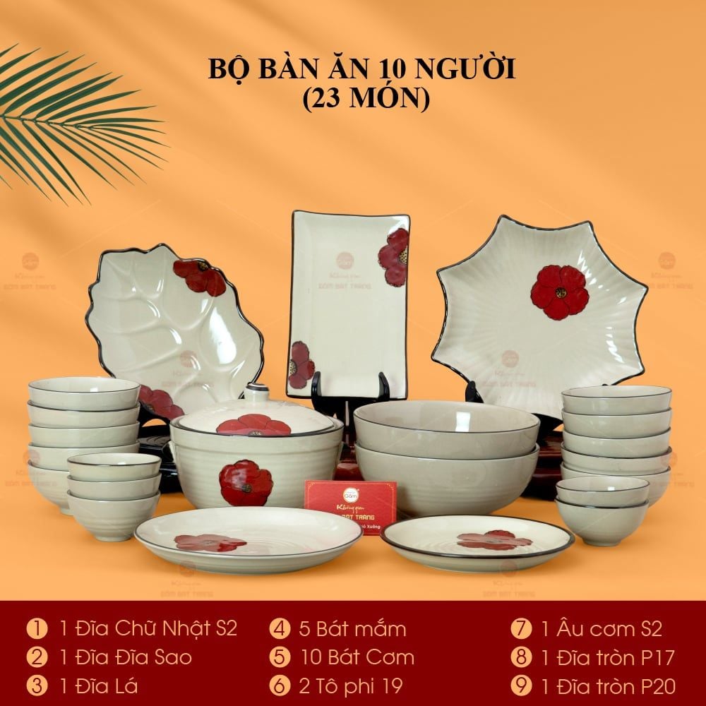 Bộ Bát Đĩa Bát Tràng Hoa Sứ Đỏ