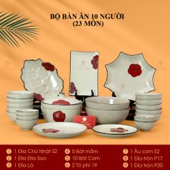 Bộ Bát Đĩa Bát Tràng Hoa Sứ Đỏ