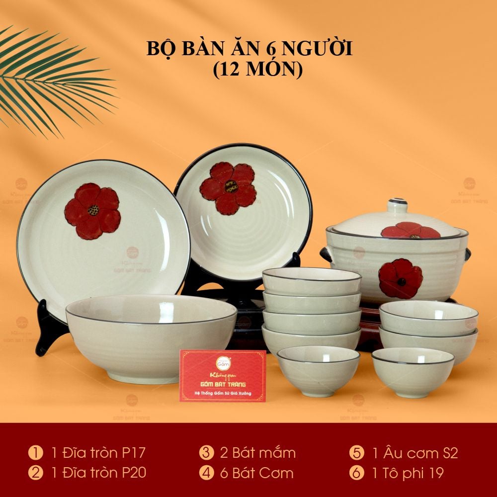 Bộ Bát Đĩa Bát Tràng Hoa Sứ Đỏ