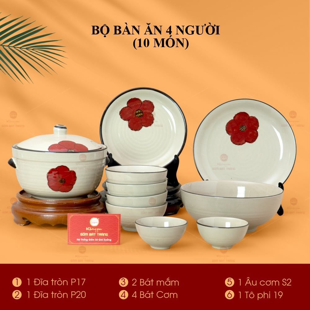 Bộ Bàn Ăn 4 Người (10 món) Men Hoả Biến Hoa Sứ Đỏ