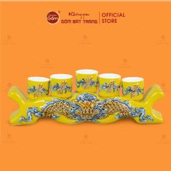Kỷ Ngai 5 Chén Thờ Men Vàng Họa Tiết Cuốn Thư