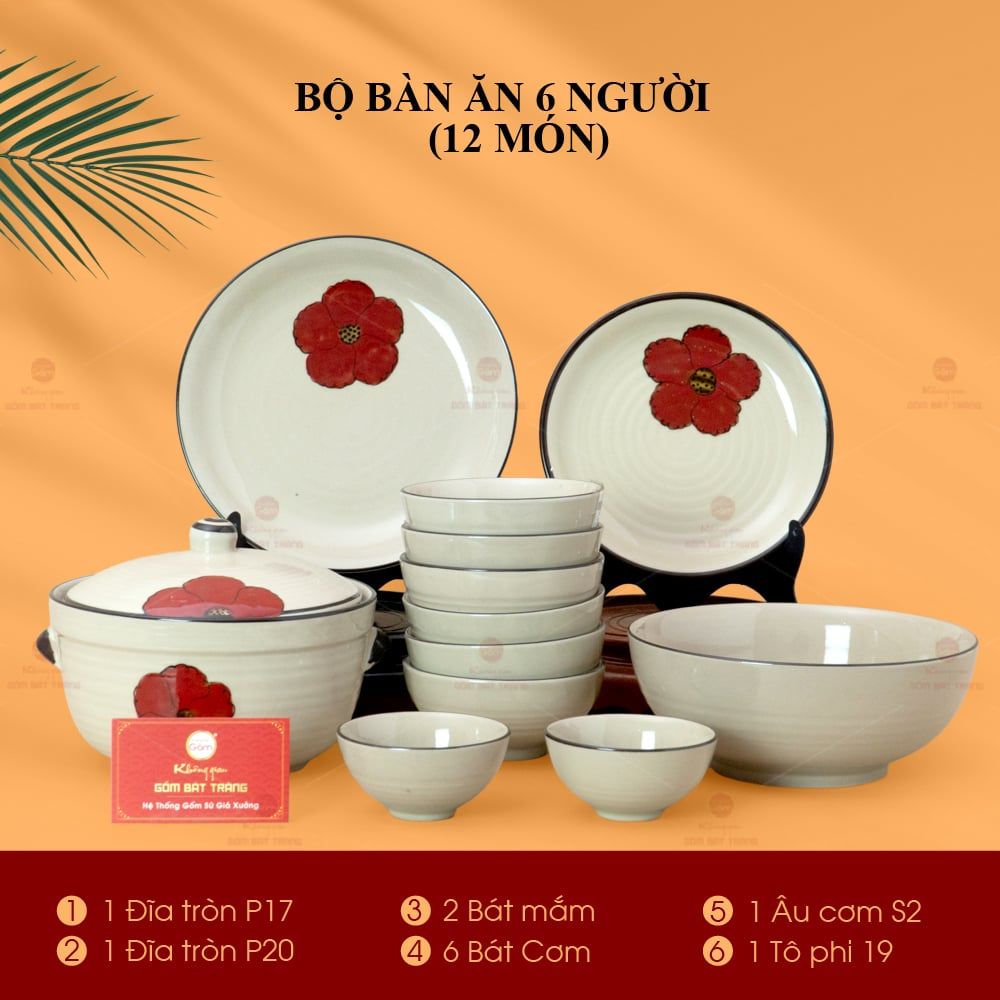 Bộ Bàn Ăn 6 Người (12 món) Men Hoả Biến Hoa Sứ Đỏ