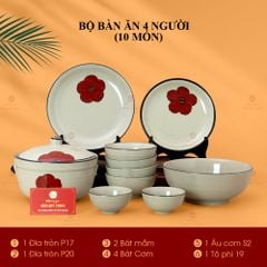 Bộ Bát Đĩa Bát Tràng Hoa Sứ Đỏ