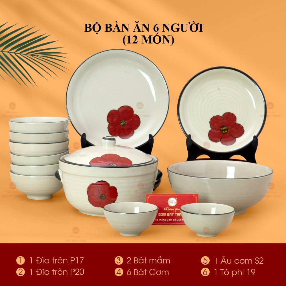 Bộ Bàn Ăn 6 Người (12 món) Men Hoả Biến Hoa Sứ Đỏ