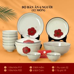 Bộ Bàn Ăn 6 Người (12 món) Men Hoả Biến Hoa Sứ Đỏ