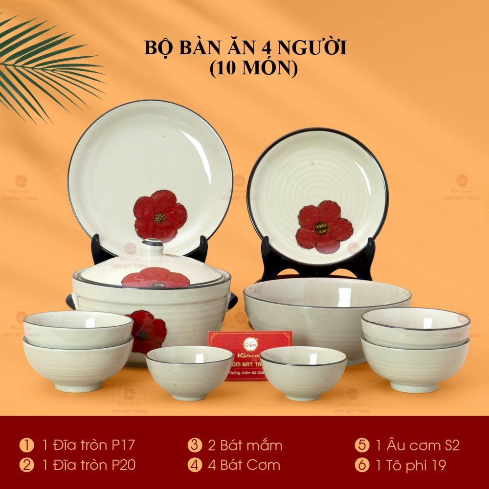 Bộ Bàn Ăn 4 Người (10 món) Men Hoả Biến Hoa Sứ Đỏ