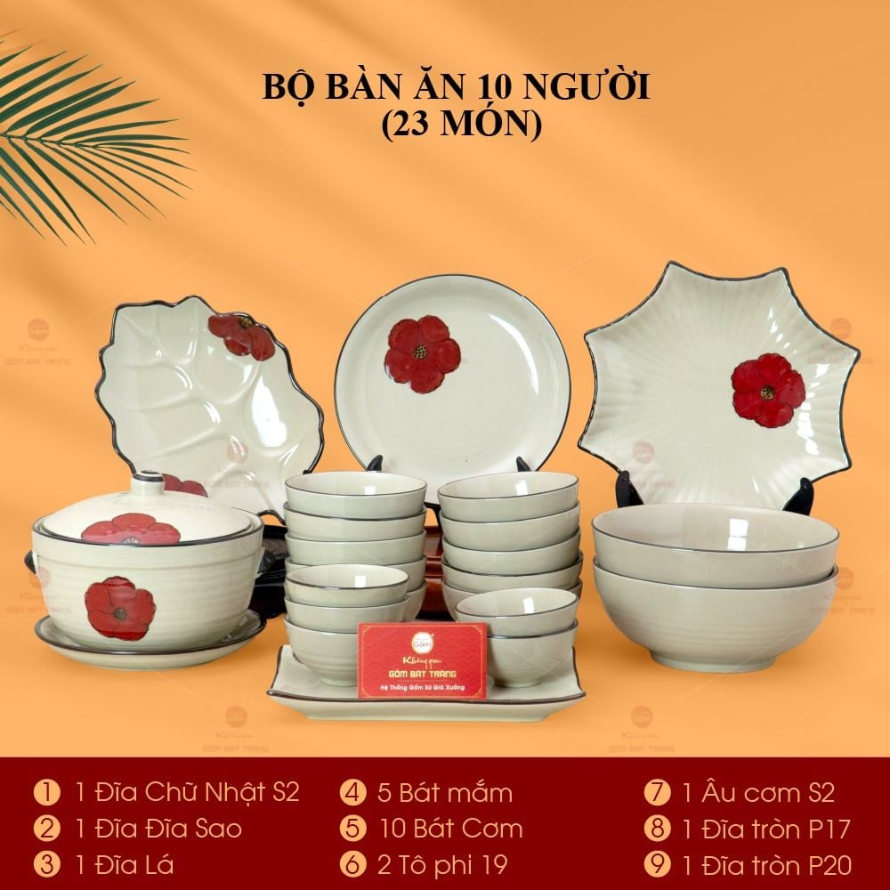 Bộ Bàn Ăn 10 Người (23 món) Men Hỏa Biến Hoa Sứ Đỏ