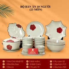 Bộ Bàn Ăn 10 Người (23 món) Men Hỏa Biến Hoa Sứ Đỏ
