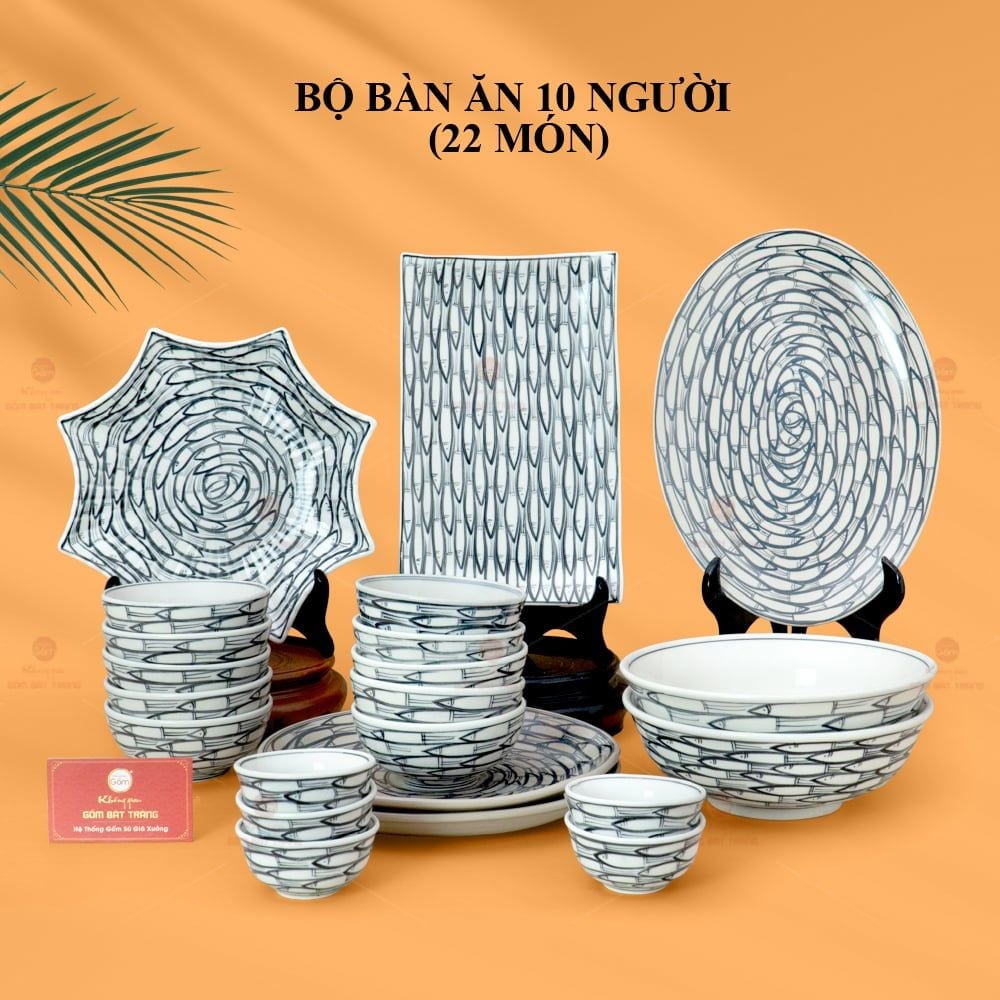 Bộ Bàn Ăn 10 Người (22 món) Men Trắng Vẽ Cá Đàn