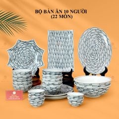Bộ Bàn Ăn 10 Người (22 món) Men Trắng Vẽ Cá Đàn