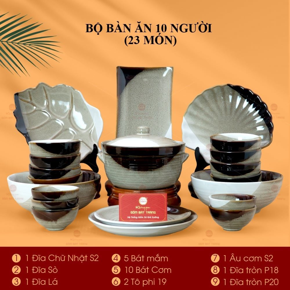 Bộ Bàn Ăn 10 Người (23 món) Men Hỏa Biến Ba Màu