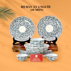 Bộ Bàn Ăn 4 Người (10 món) Men Trắng Vẽ Cá Đàn