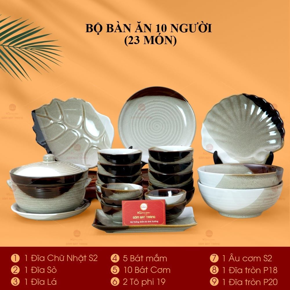 Bộ Bàn Ăn 10 Người (23 món) Men Hỏa Biến Ba Màu