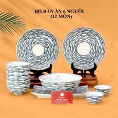 Bộ Bàn Ăn 6 Người (12 món) Men Trắng Vẽ Cá Đàn