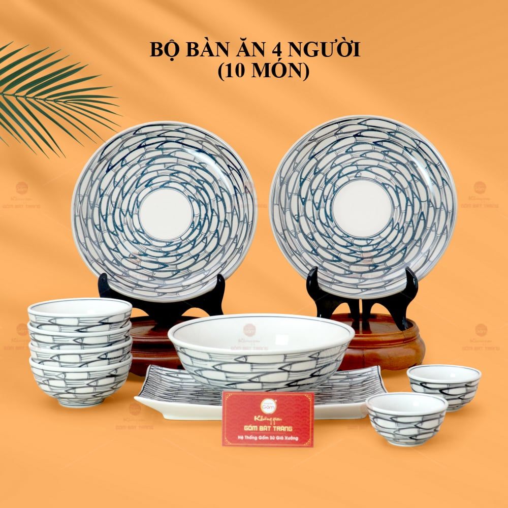Bộ Bàn Ăn 4 Người (10 món) Men Trắng Vẽ Cá Đàn