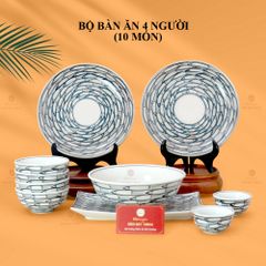 Bộ Bàn Ăn 4 Người (10 món) Men Trắng Vẽ Cá Đàn