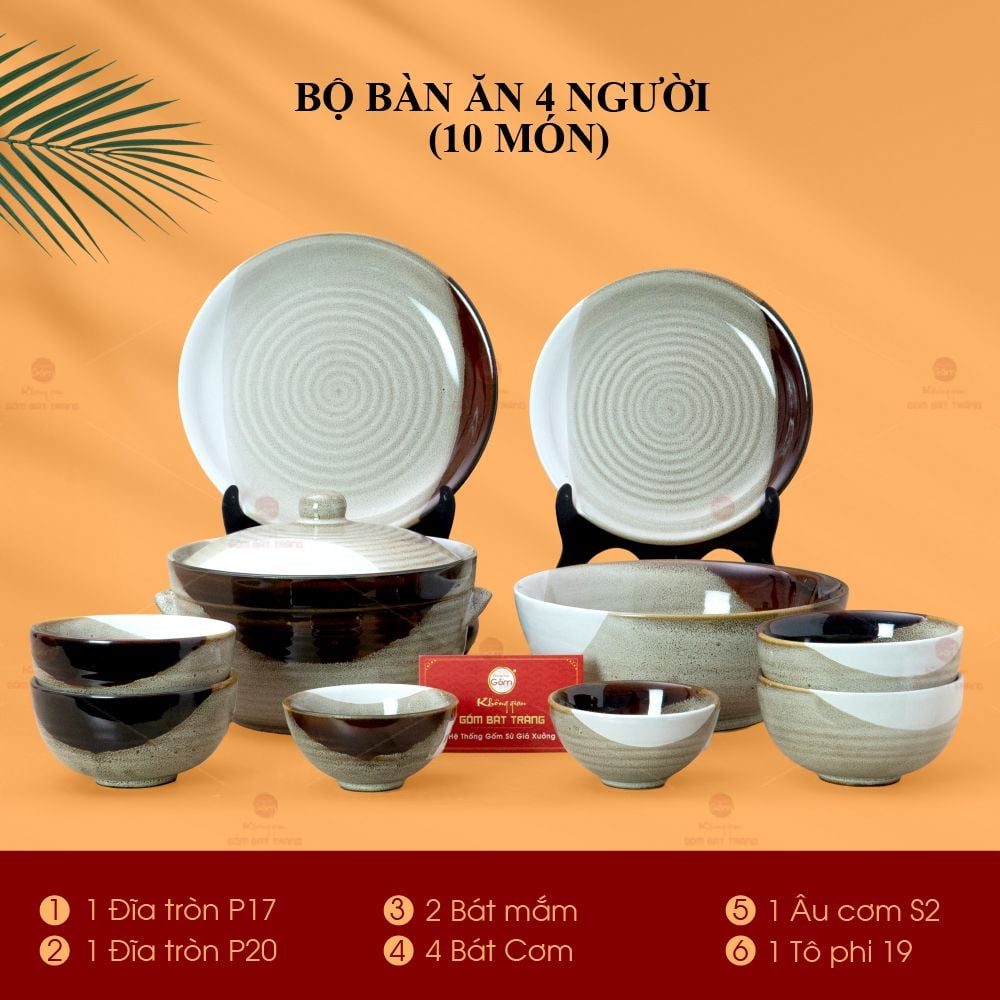 Bộ Bàn Ăn 4 Người (10 món) Men Hỏa Biến Ba Màu