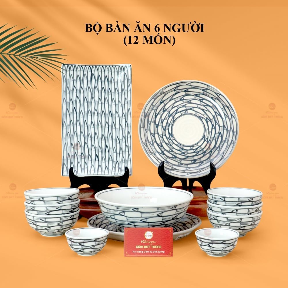 Bộ Bàn Ăn 6 Người (12 món) Men Trắng Vẽ Cá Đàn