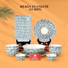 Bộ Bàn Ăn 6 Người (12 món) Men Trắng Vẽ Cá Đàn