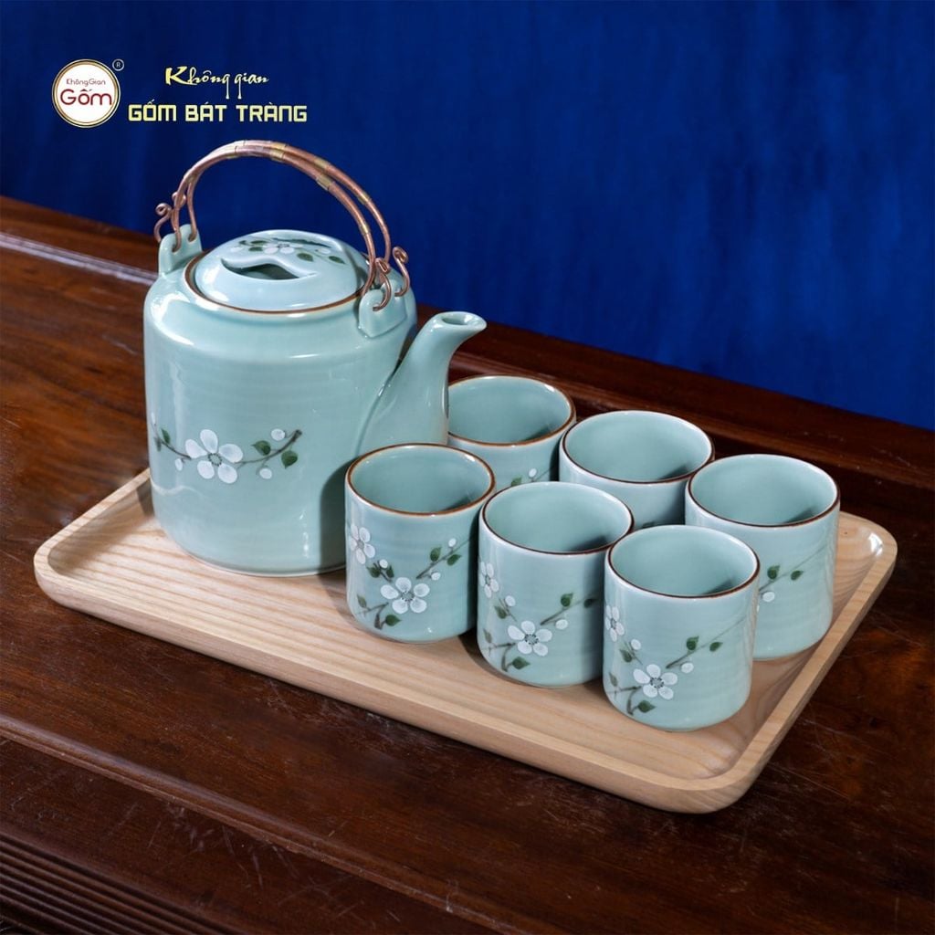 Bộ Ấm Tích Men Xanh Hoa Đào Trắng