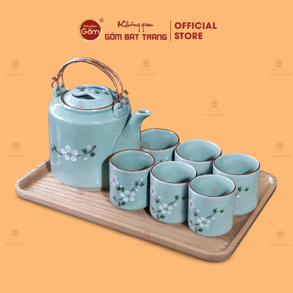 Bộ Ấm Tích Men Xanh Hoa Đào Trắng